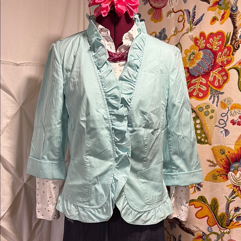 Talbots Robins Egg Blue Blazer with Ruffled Trim and Fitted Silhouette